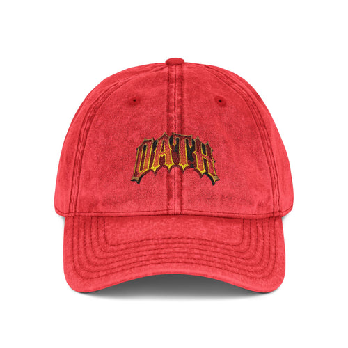 Embroidered Vintage Red Cap with 'OATH' Flame Logo