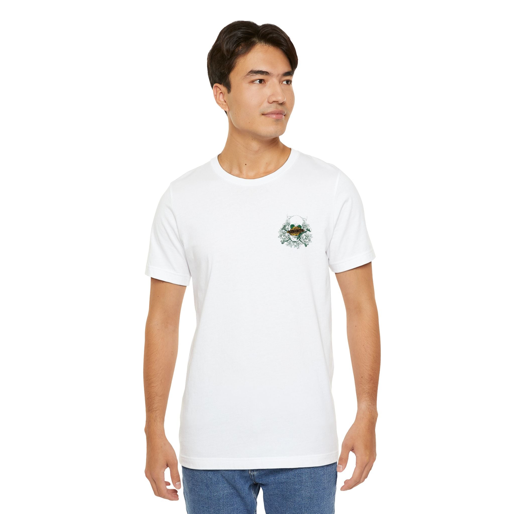 White Tee with Floral Skull Chest Logo — Organic Garden Vibe T-Shirt - OathUniverse