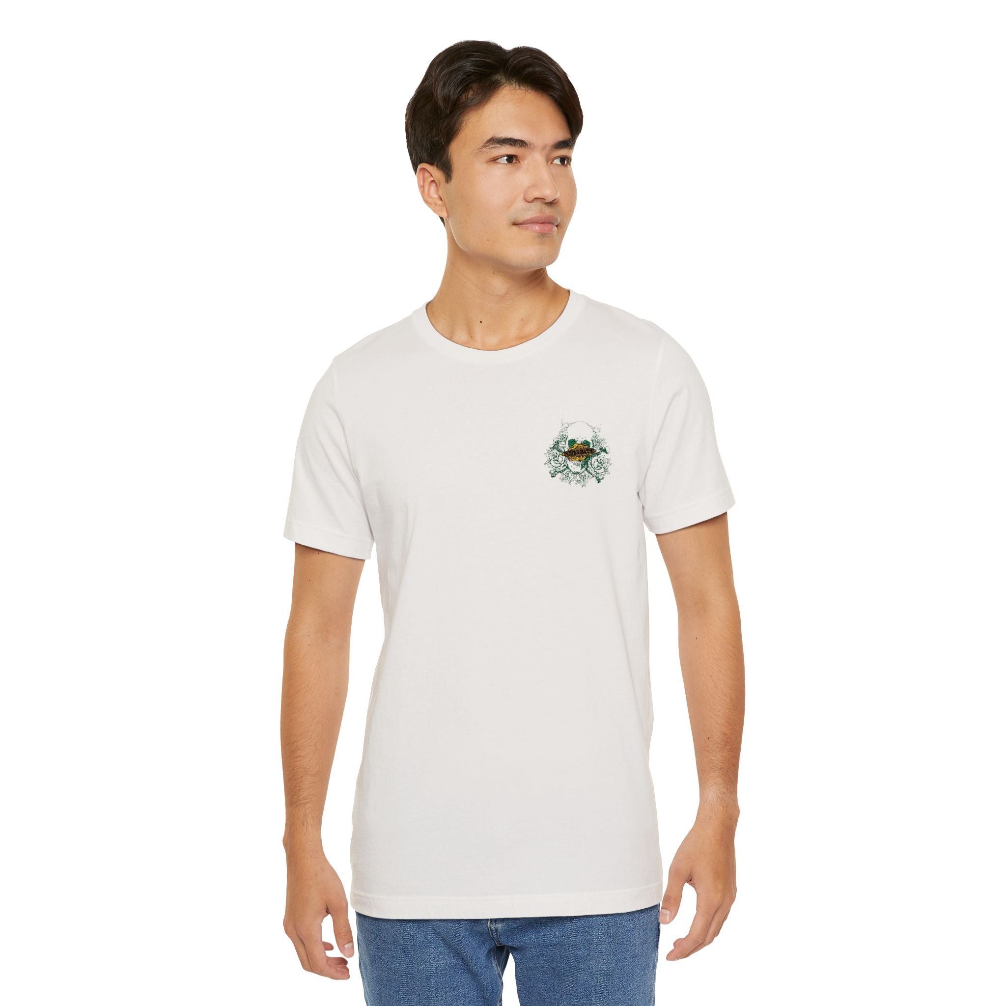 White Tee with Floral Skull Chest Logo — Organic Garden Vibe T-Shirt - OathUniverse